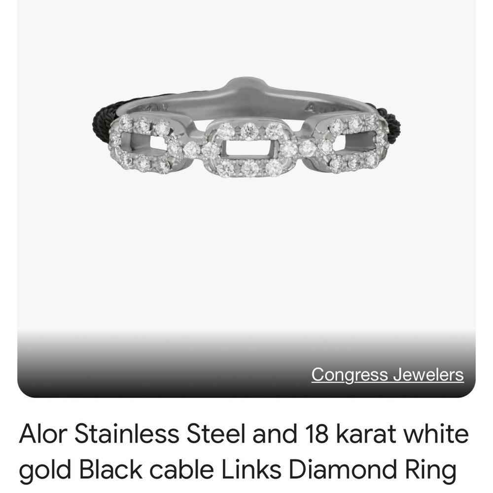Alor Stainless Steel and 18K White Gold silver Cable Links Diamond Ring. Size 8.